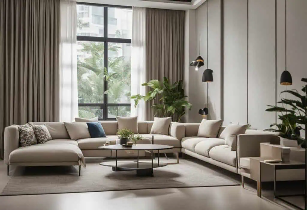 Stylish and affordable furniture for a contemporary Singapore home, featuring a spacious beige sofa,.