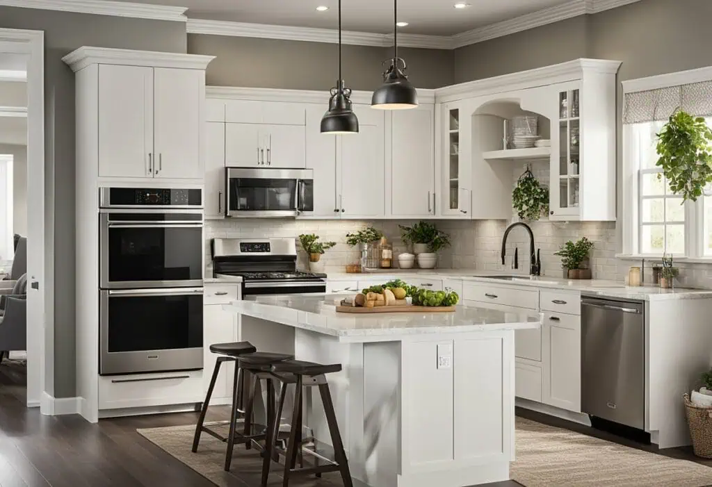 Bright white kitchen with island, modern appliances, and ample storage for budget-friendly renovatio.