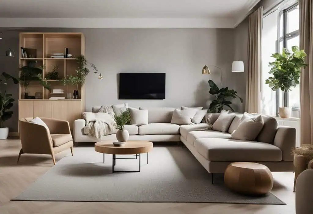 Bright Scandinavian living room with cozy beige sofa and natural light.