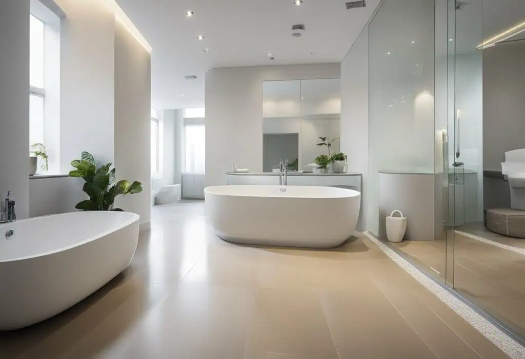 Newly renovated modern bathroom with freestanding tubs and sleek design.