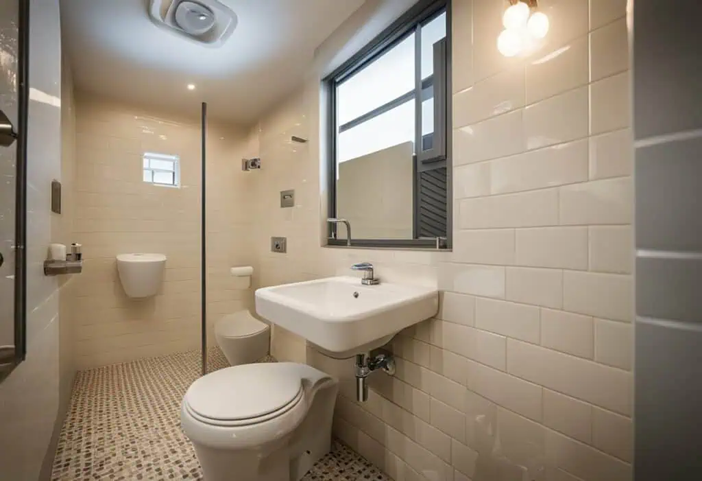 Elderly-friendly bathroom with safety features and accessible design.