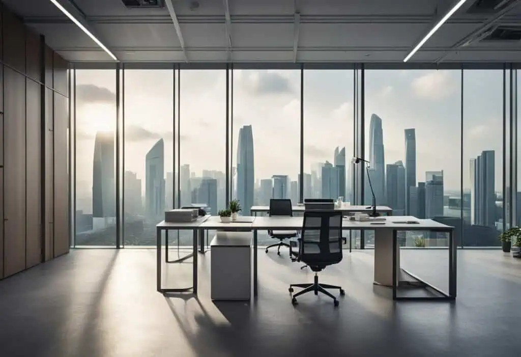 Stylish office workspace with large windows overlooking Singapore skyline.