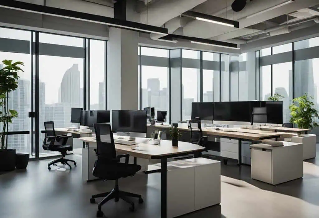 Bright, innovative office space featuring sleek desks, ergonomic chairs, and expansive city views.