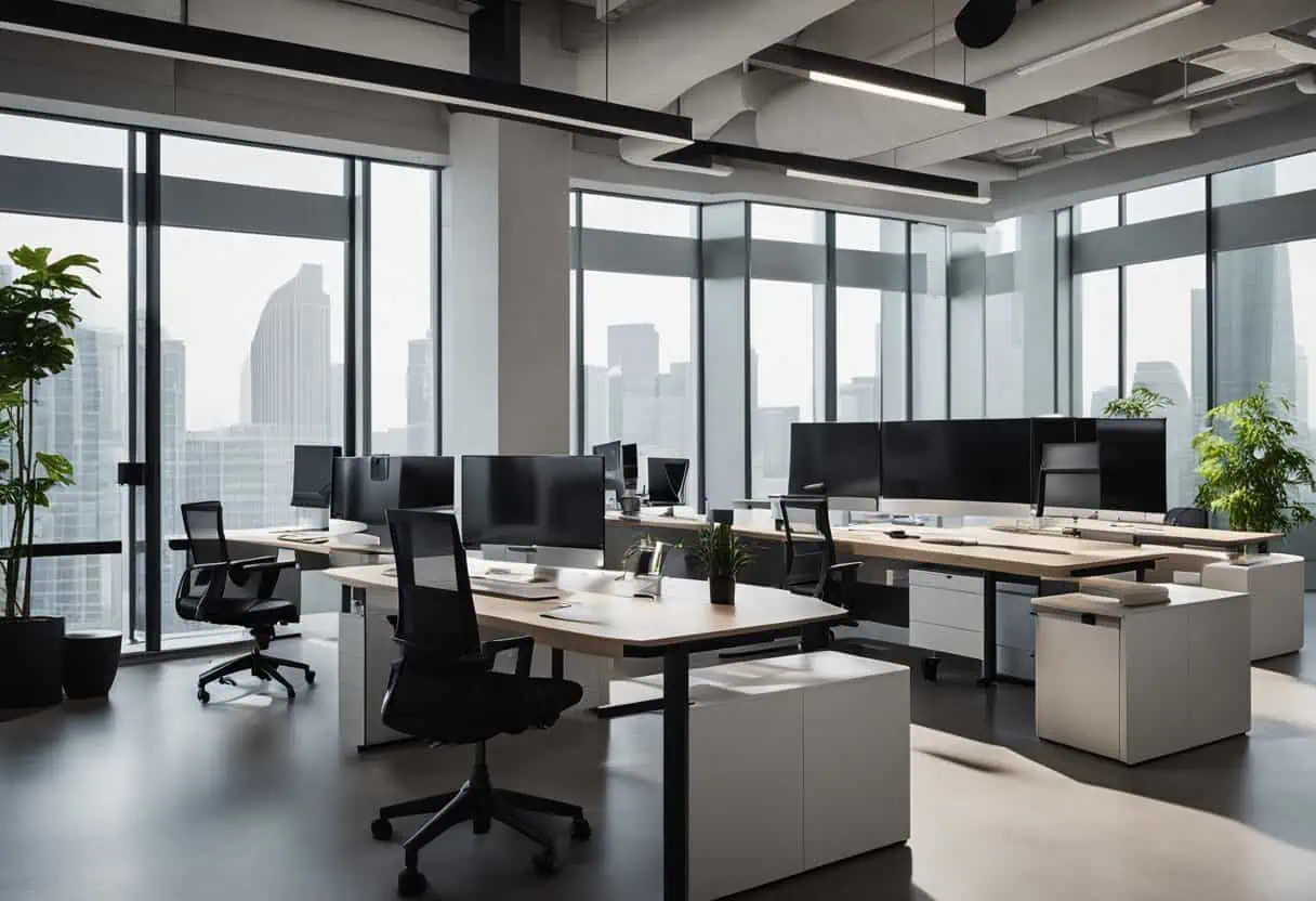 Bright, innovative office space featuring sleek desks, ergonomic chairs, and expansive city views.