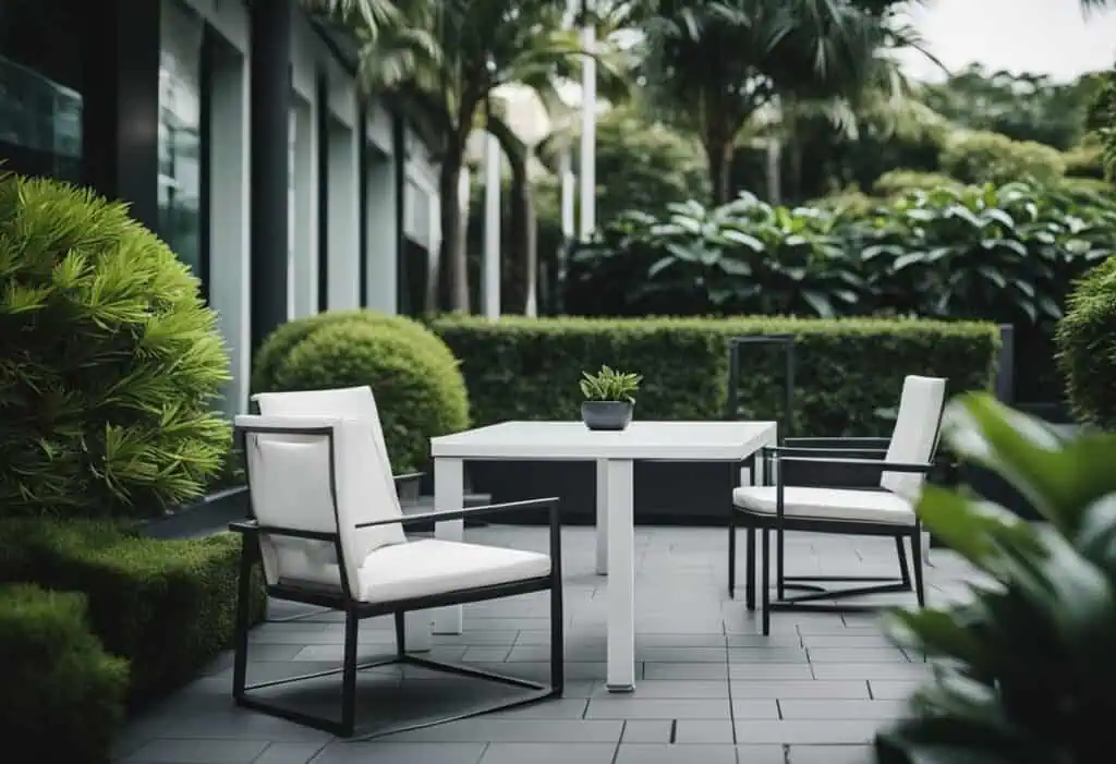 Aluminium furniture Singapore: sleek, durable outdoor dining table with four chairs in a lush garden.