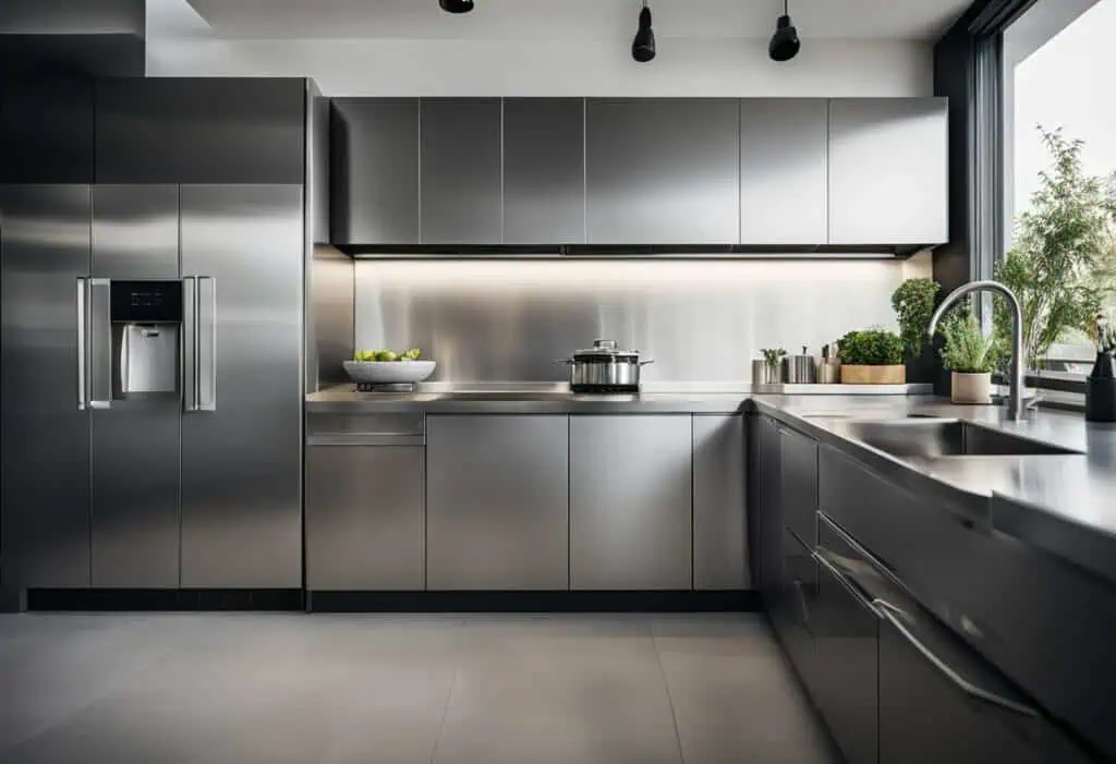 Modern aluminium kitchen with stainless steel cabinets and appliances.