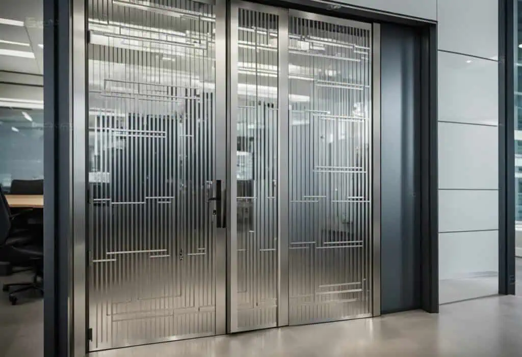 Modern aluminium office sliding door with sleek vertical lines.