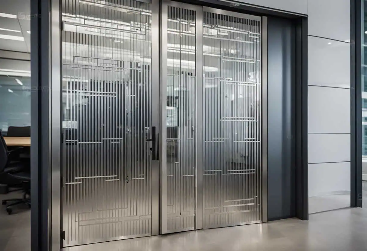 Modern aluminium office sliding door with sleek vertical lines.