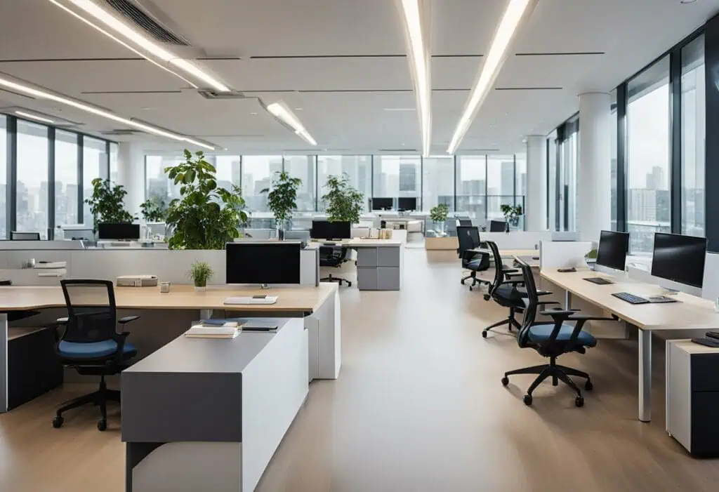 Contemporary office interior featuring ergonomic desks, large windows, and lush plants for a product.