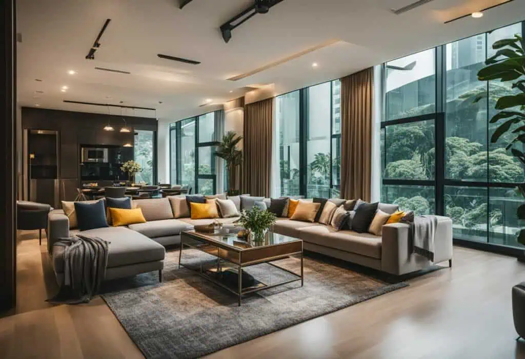 Stylish living room featuring contemporary furniture, large windows, and lush greenery outside. Perf.