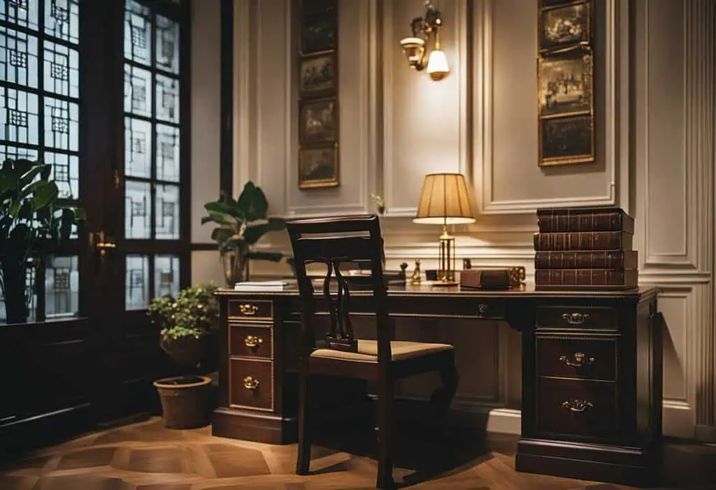 Antique wooden desk with intricate details, perfect for timeless interior decor in Singapore.