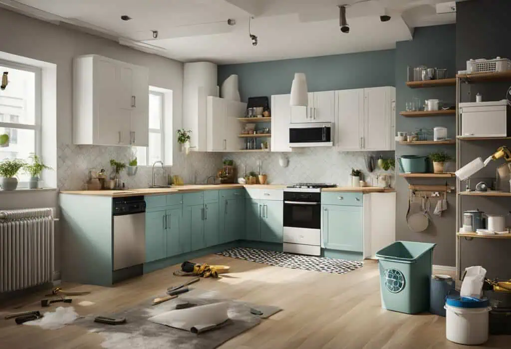Bright and airy kitchen featuring pastel blue cabinetry, open shelves, and natural light, perfect fo.