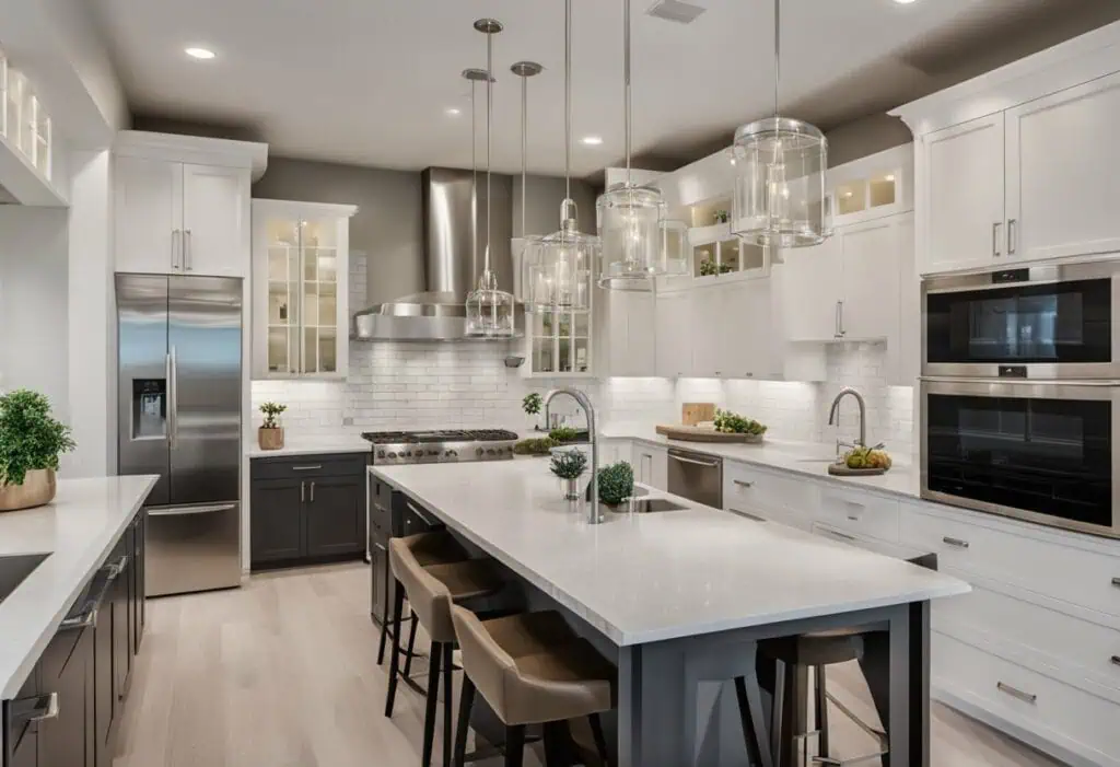 Bright, contemporary kitchen featuring a spacious island, sleek white cabinetry, and stylish pendant.
