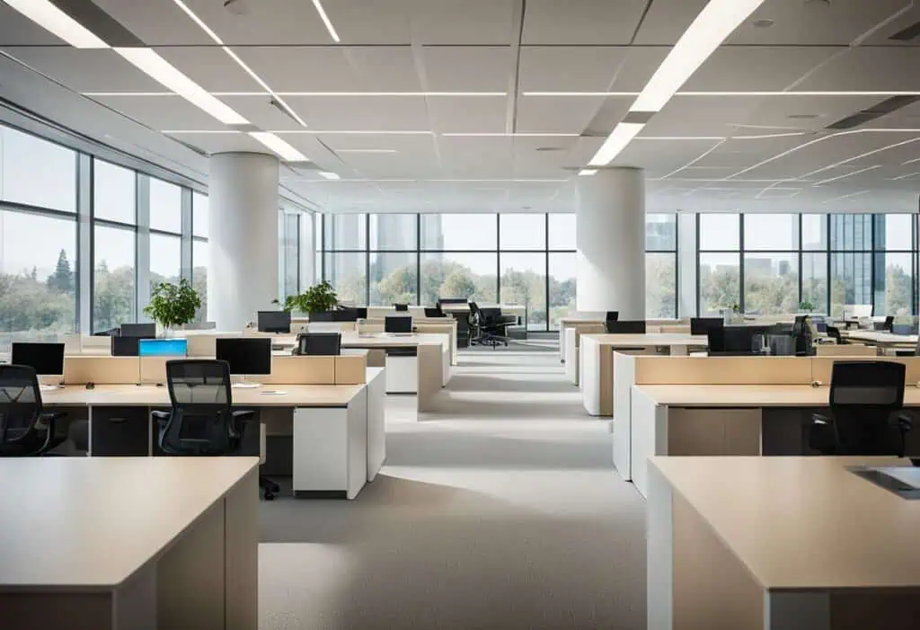 Apple office interior with modern, sleek desks and large windows for natural light.