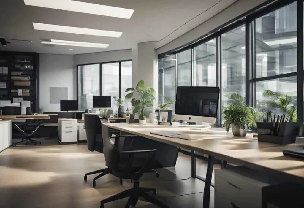 Bright, spacious architect office with large windows, ergonomic furniture, and lush green plants enh.
