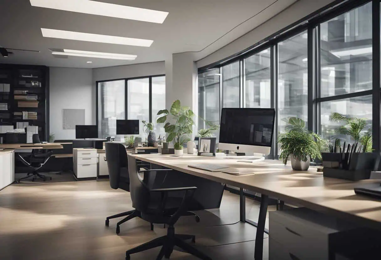 Bright, spacious architect office with large windows, ergonomic furniture, and lush green plants enh.