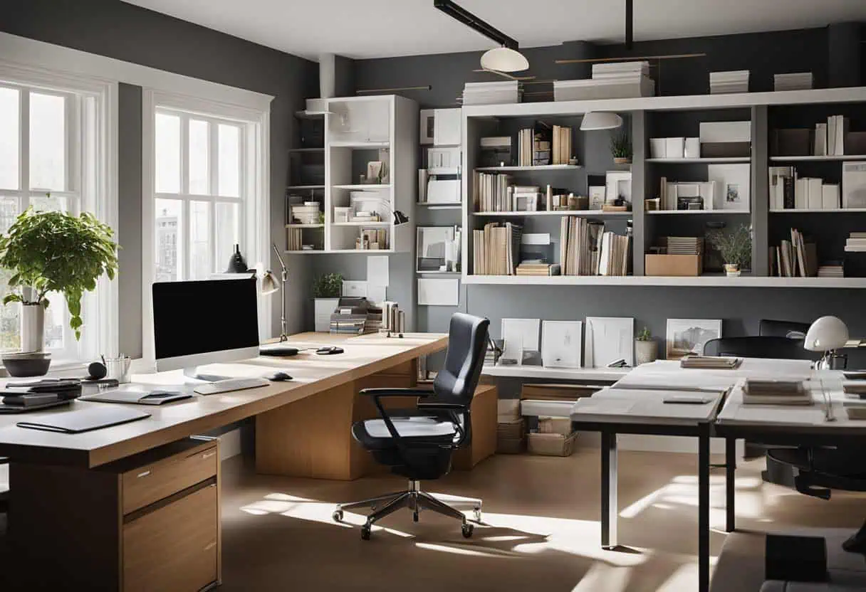 Office workspace with organized bookshelves and ergonomic furniture for a productive environment.
