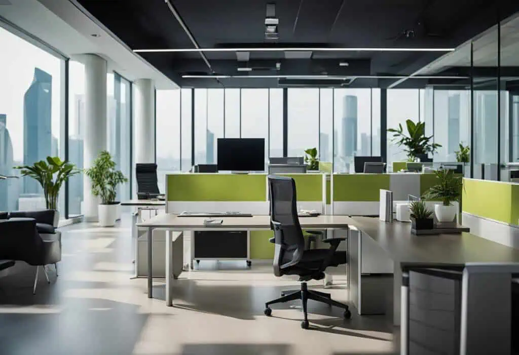 Office workspace featuring ergonomic furniture, green accents, and large windows for a bright, produ.