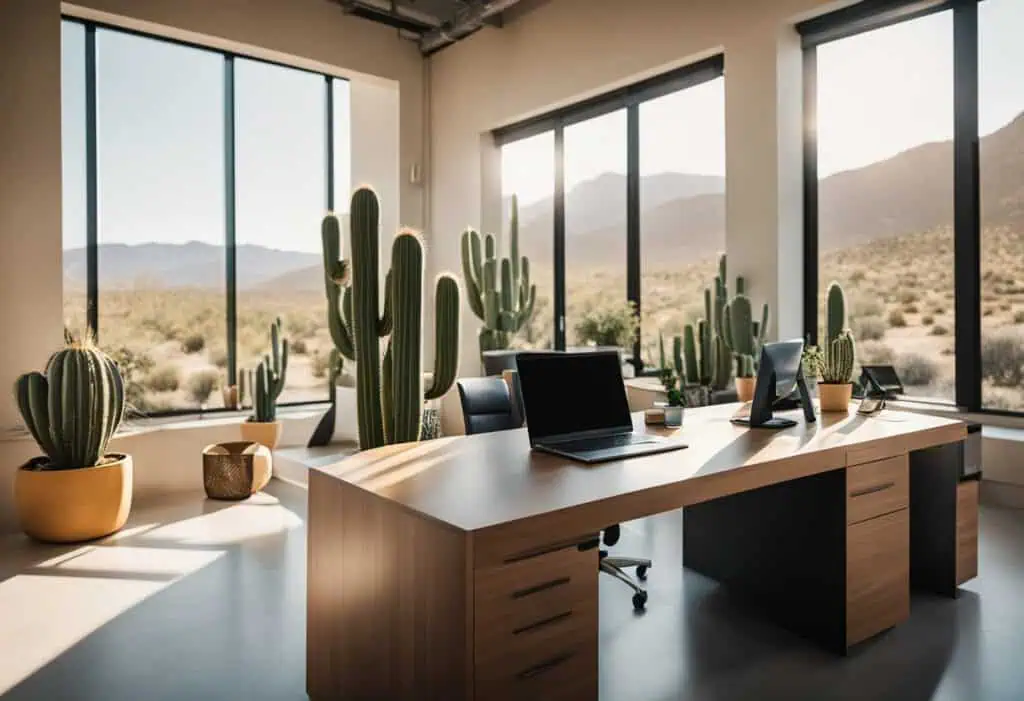 Modern desert-inspired office with large windows and cactus decor.