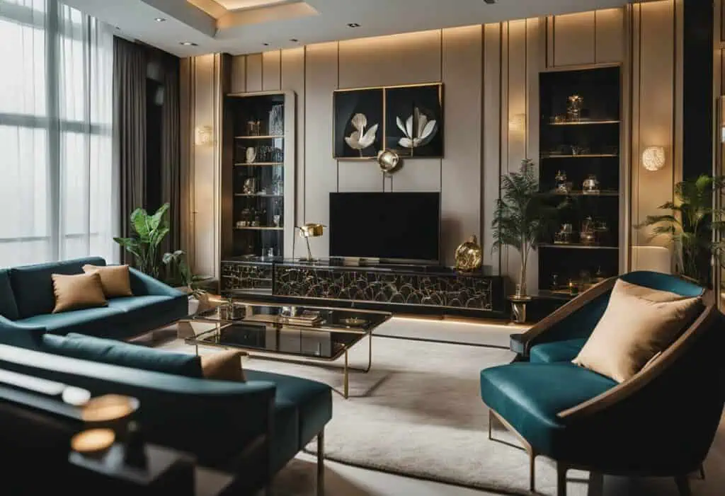 Luxurious Art Deco furniture with sleek design and rich textures in a modern Singaporean living spac.