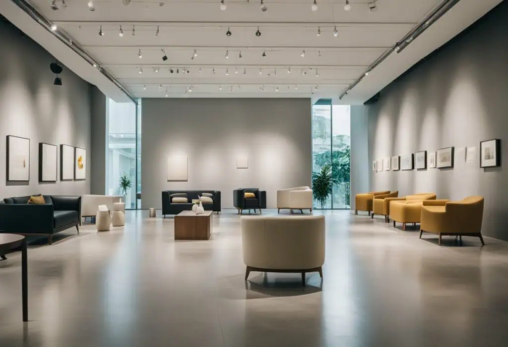 Elegant modern art-inspired furniture arrangement in a contemporary Singapore gallery setting.