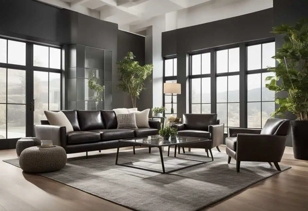 Stylish black leather sofa set with armchairs and coffee table in a contemporary living room.