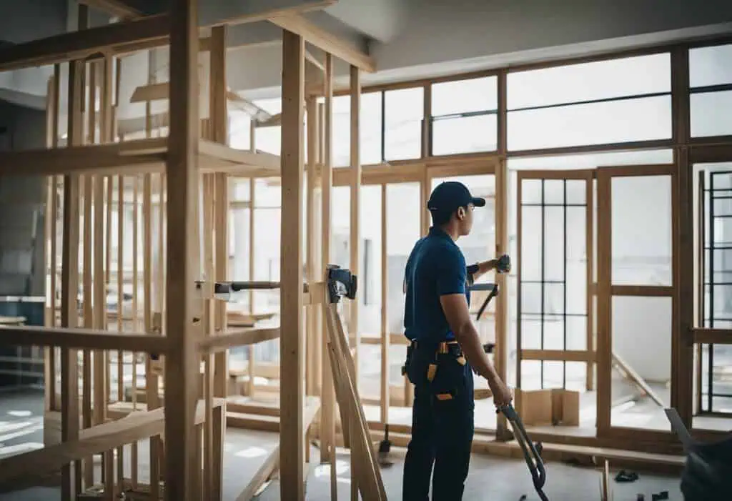 Professional Asian home renovation contractor installing framing and drywall.