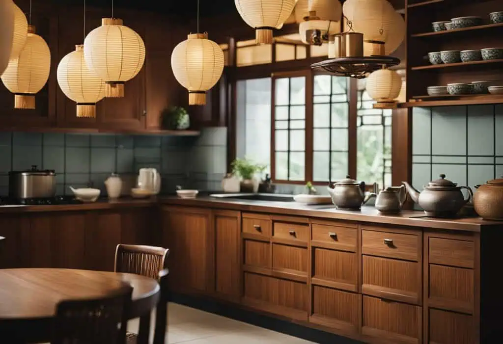 Asian kitchen with wooden cabinetry and traditional paper lantern lighting.