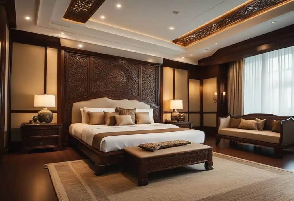 Asian style bedroom furniture Singapore: luxurious dark wood bed with intricate carvings and cozy se.