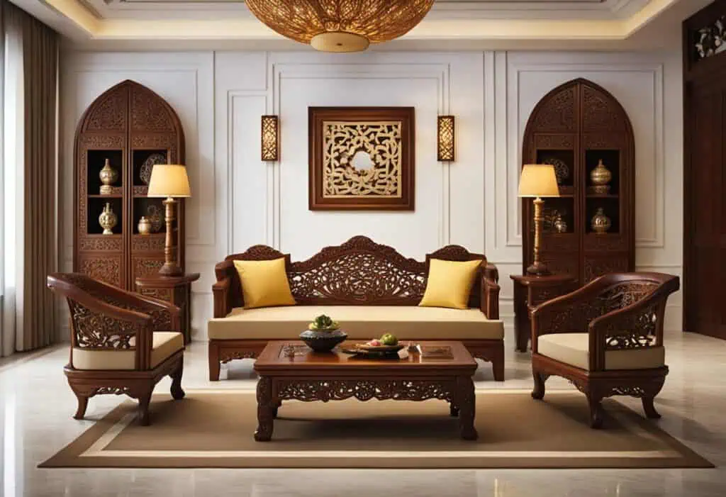Elegant Asian teak furniture set with carved wooden sofa and chairs in a luxurious living room.