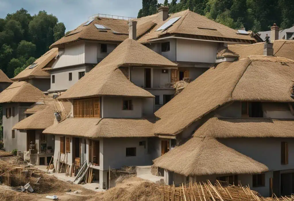 Traditional thatched roof homes in a scenic hillside setting.