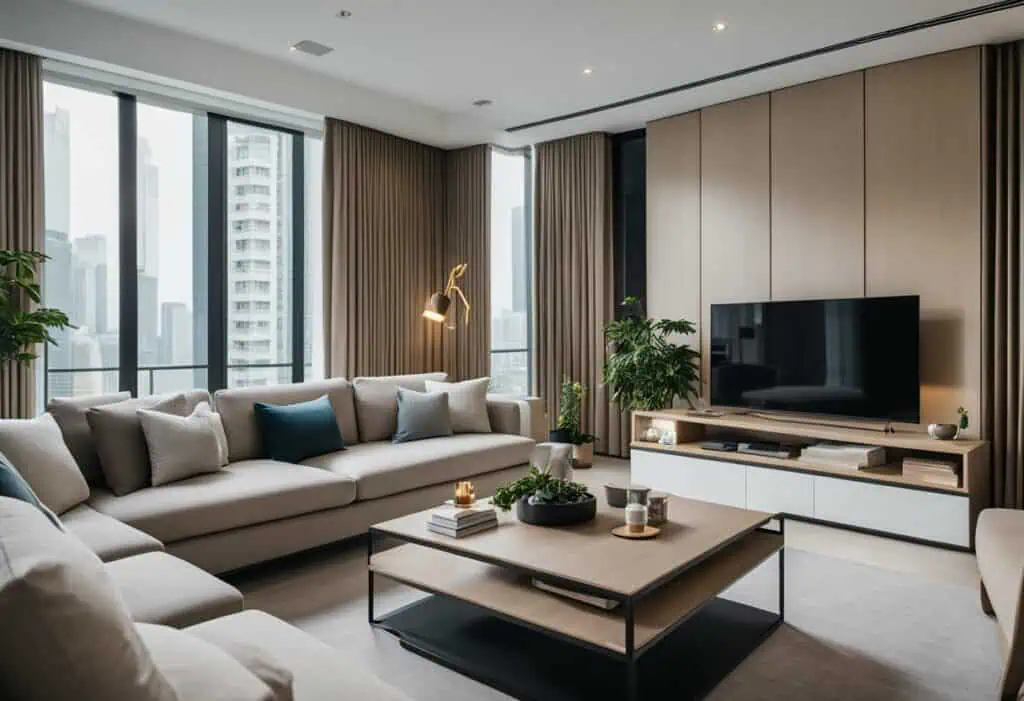 Elegant living room with contemporary Japanese-style furniture and large windows.