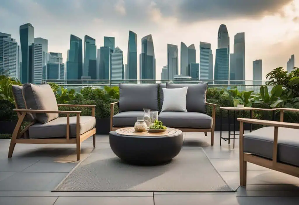 Stylish outdoor furniture with comfortable cushions and modern design, perfect for relaxing in Singa.