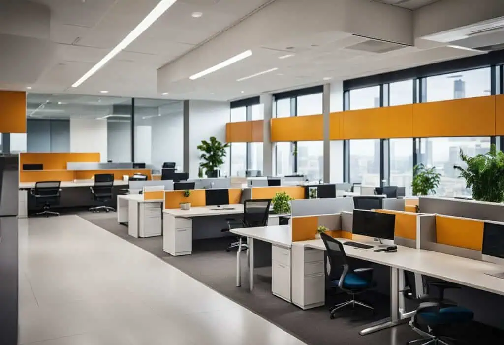 Office workspace featuring modern desks and vibrant orange accents.