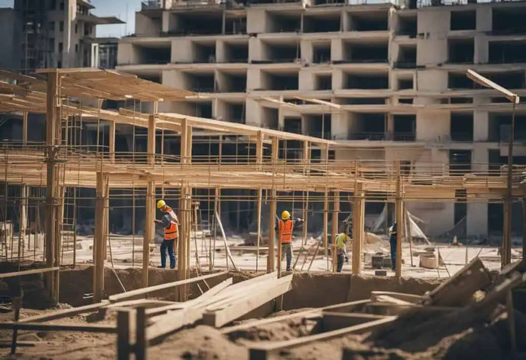 Renovation construction site with workers and wooden scaffolding for a building upgrade.