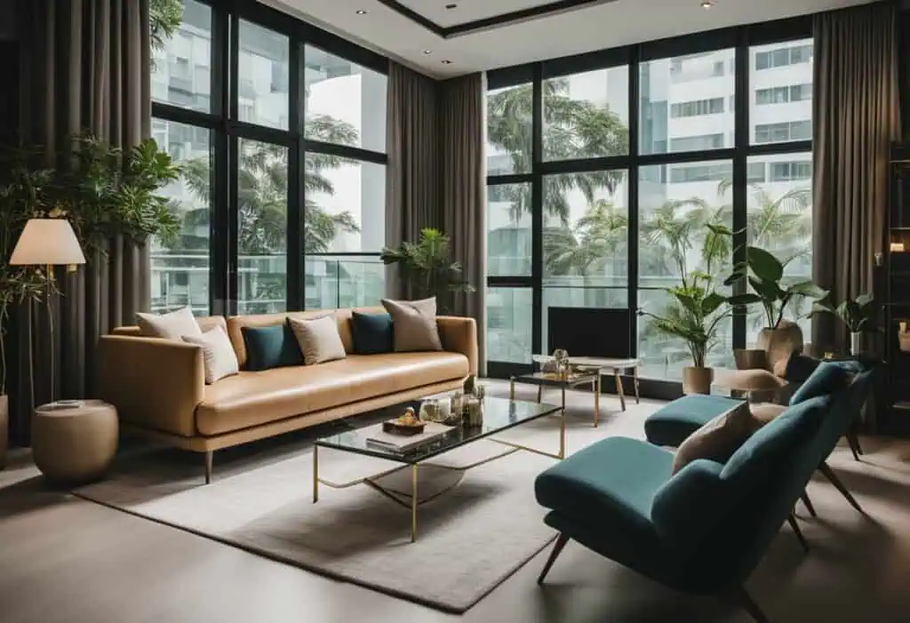 Elegant contemporary living room with large windows and lush greenery. Perfect for stylish and affor.