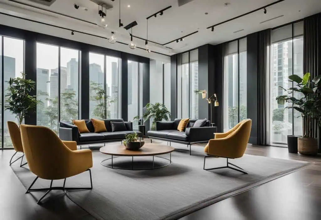 Elegant modern living room featuring stylish sofas and armchairs with large windows and lush indoor.