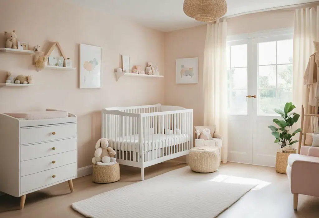 Bright and airy baby nursery with white furniture and soft pastel accents.