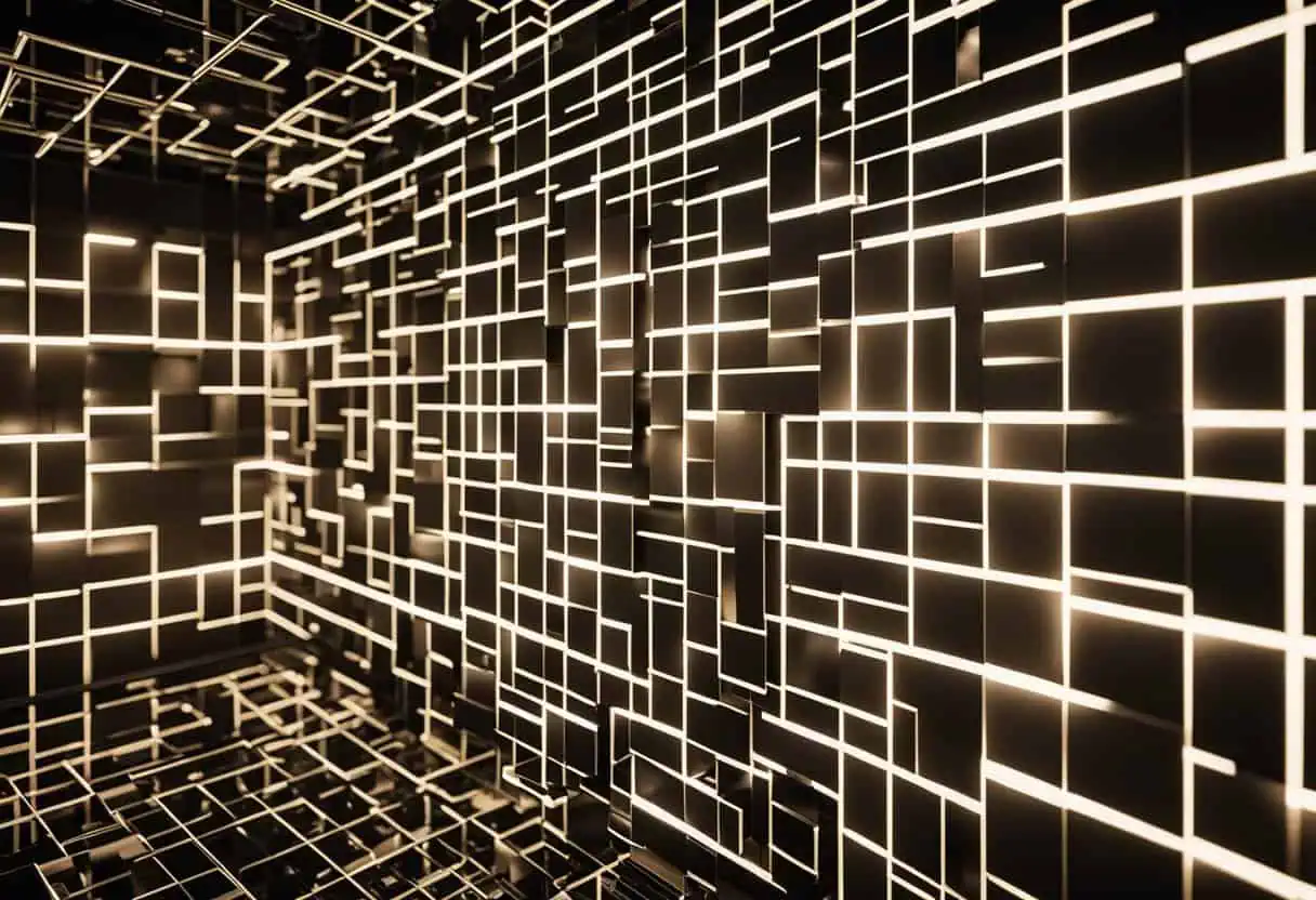Futuristic black wall with glowing geometric lines for stylish office decor.
