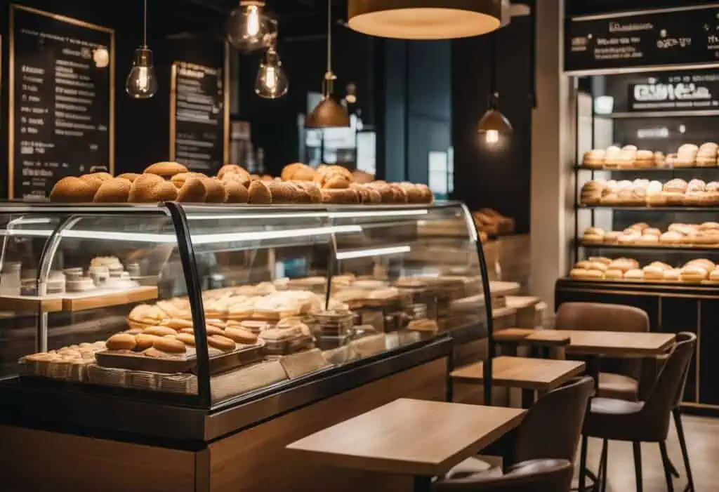 Cozy bakery display with fresh bread and pastries in a modern cafe setting.