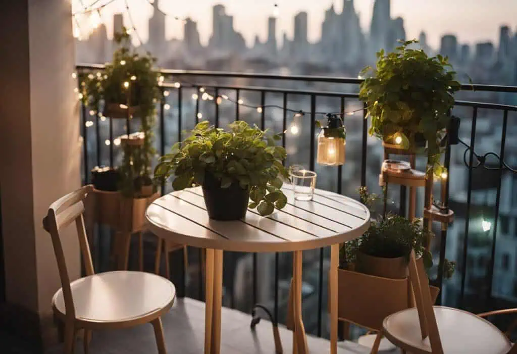 Outdoor balcony with lush plants and ambient lighting for compact living areas.