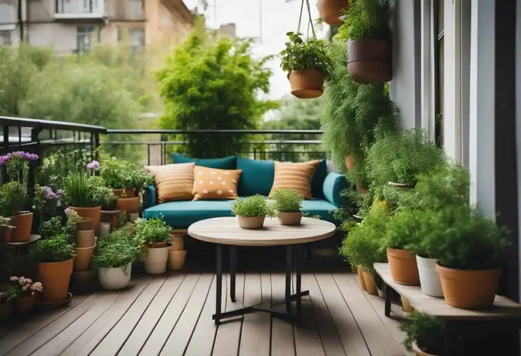 Cozy balcony garden with lush plants and vibrant decor for a relaxing urban retreat.