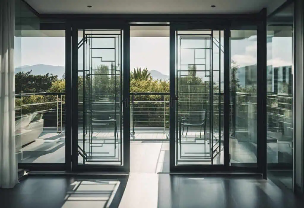 Elegant balcony glass door with sleek black frames and panoramic views.