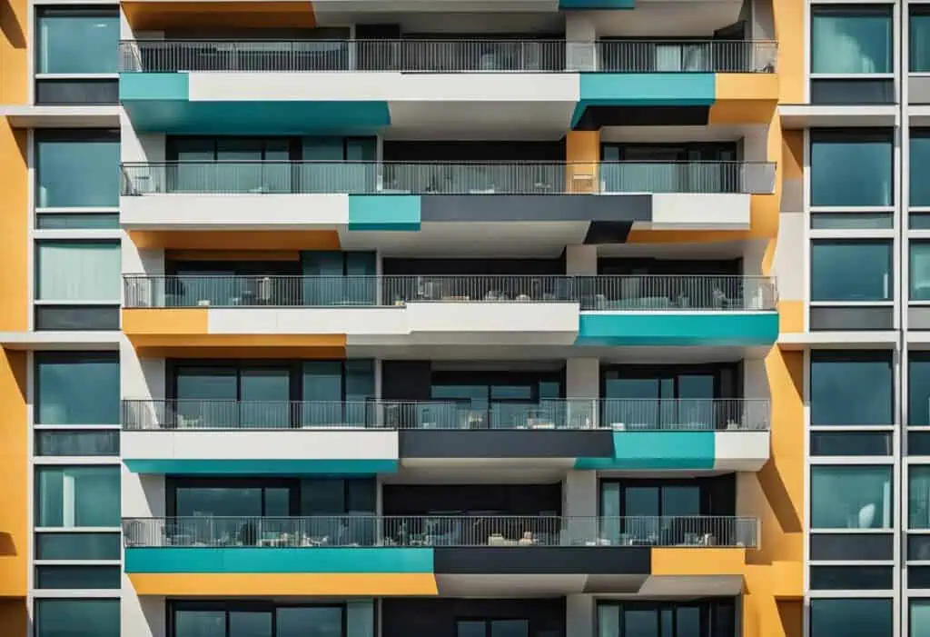 Colorful balcony architecture with modern design and outdoor living space enhancements.