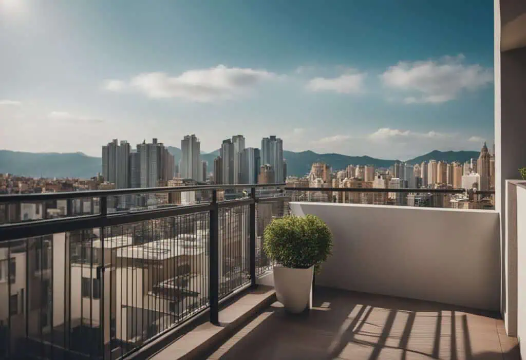 Balcony with glass railing overlooking a vibrant city skyline and mountain backdrop.
