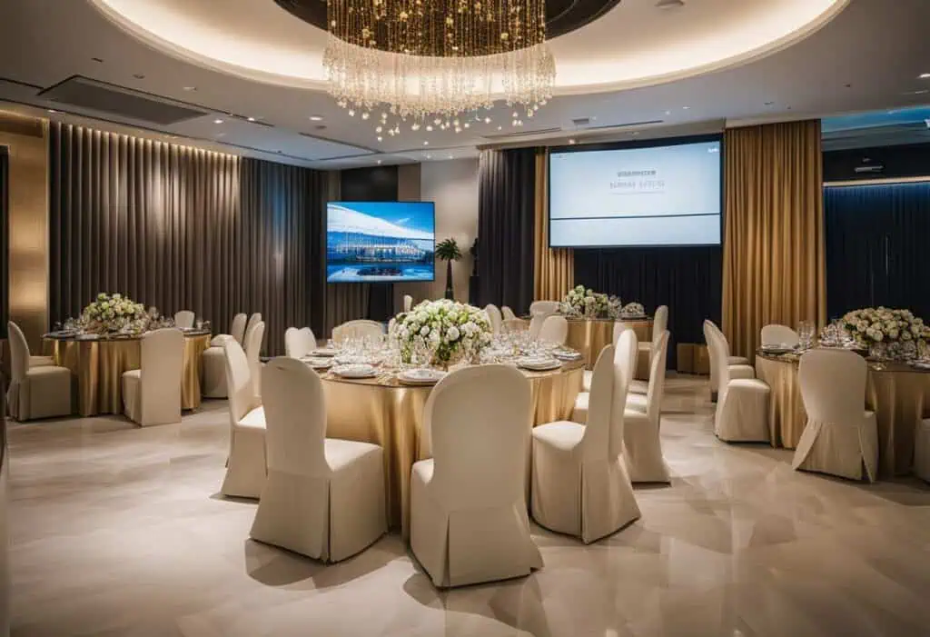 Banquet furniture setup in Singapore for events and conferences. High-quality chairs and tables crea.