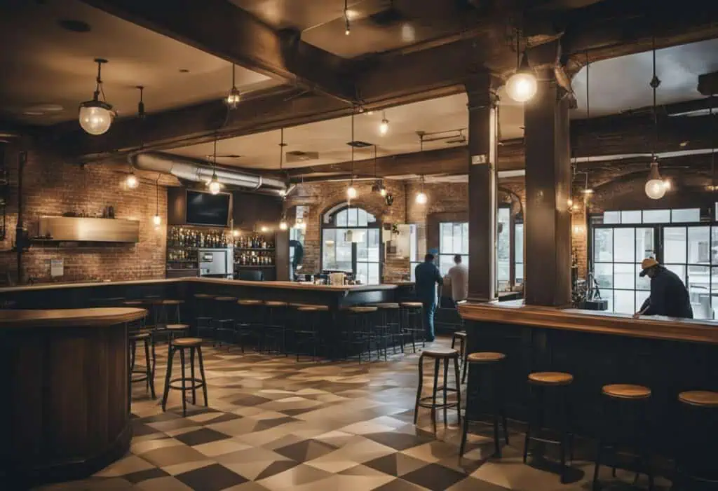 Elegant bar area with modern industrial design and stylish lighting.