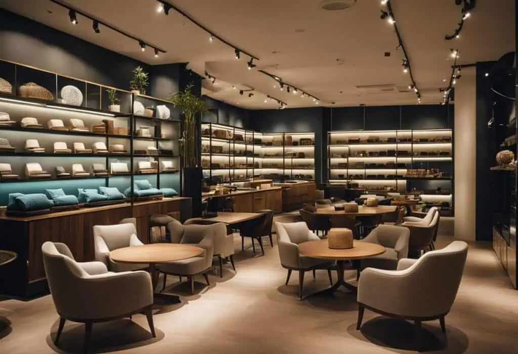 Elegant furniture display in a modern Singapore home decor store.