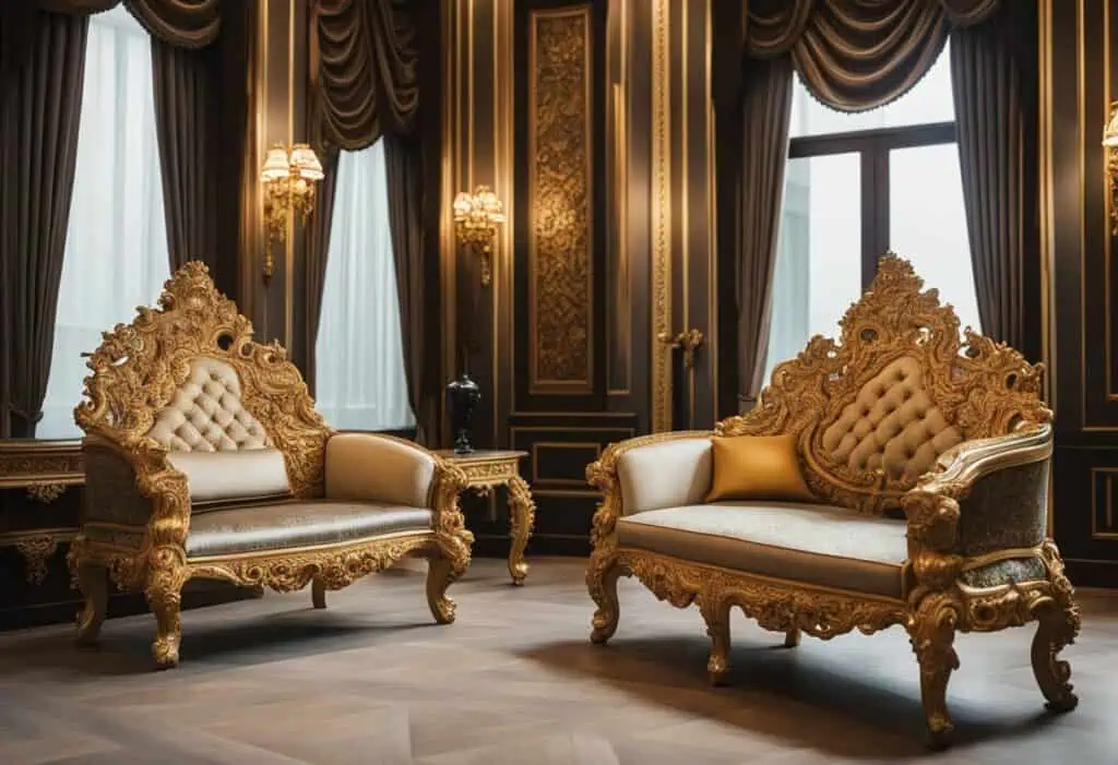 Luxurious Baroque-style sofas with intricate gold carvings in a sophisticated Singapore home.
