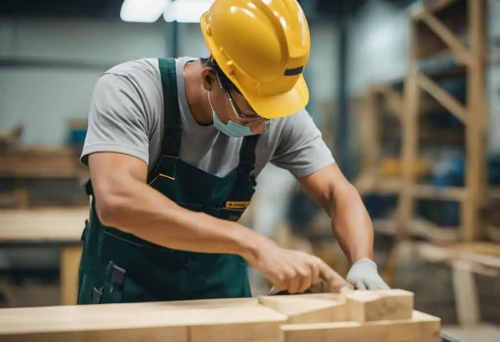 Carpentry worker wearing safety gear shaping wood for construction or furniture.